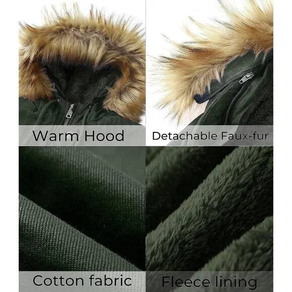 Women's Winter Thicken Fleece Jacket Fur Hooded Military Parka Coat